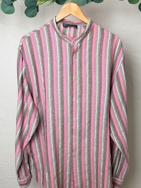 Missoni Sport Italy 100% Cotton Textured Stripe Band Collar Shirt EU 54 XL